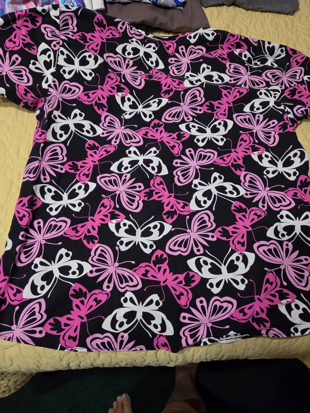 SB Scrubs Black Tee with Pink & White Butterfly Print